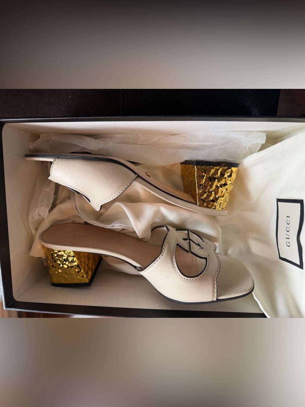 Gucci White Leather GG Cutout Mule Sandals Gold Sculptural Heel Size 38.5